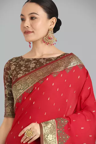 Red Banarasi silk blend weaving saree
