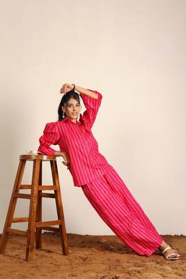 Pink and red textile print & stripes work co-ord sets 1