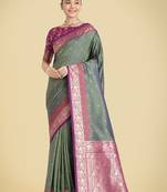 olive green Banarasi silk blend weaving designer saree
