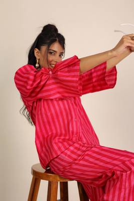 Pink and red textile print & stripes work co-ord sets 3