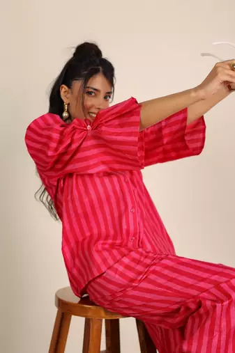 Pink and red textile print & stripes work co-ord sets