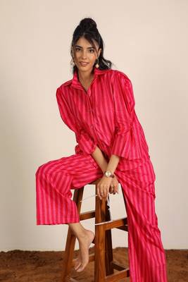 Pink and red textile print & stripes work co-ord sets 4