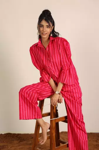 Pink and red textile print & stripes work co-ord sets