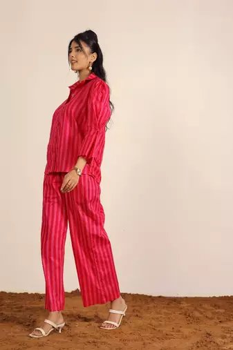 Pink and red textile print & stripes work co-ord sets