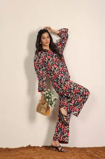 Multicolor floral print two piece set cotton co-ord set