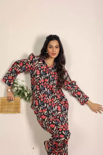 Multicolor floral print two piece set cotton co-ord set
