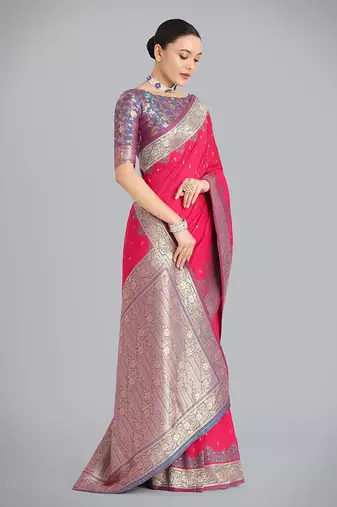 Pink Banarasi silk blend weaving saree