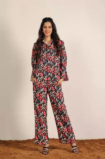 Multicolor floral print two piece set cotton co-ord set