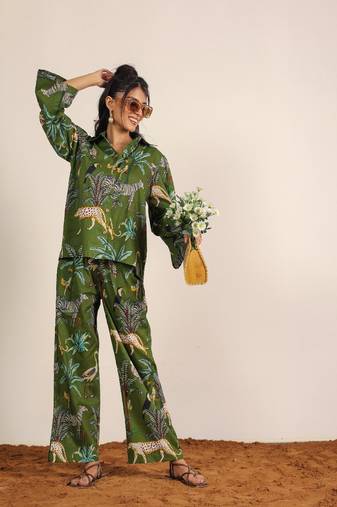 Green and multicolor coastal print cotton co-ord set