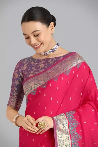 Pink Banarasi silk blend weaving saree