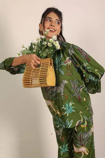 Green and multicolor coastal print cotton co-ord set