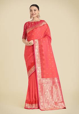 Coral pink Banarasi silk blend weaving saree 1