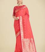 coral pink Banarasi silk blend weaving designer saree