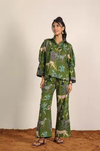 Green and multicolor coastal print cotton co-ord set