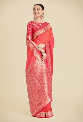 Coral pink Banarasi silk blend weaving saree 2