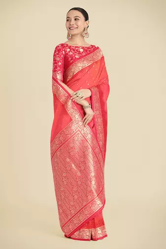 Coral pink Banarasi silk blend weaving saree