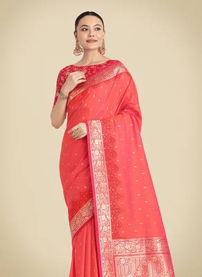 Coral pink Banarasi silk blend weaving saree 3