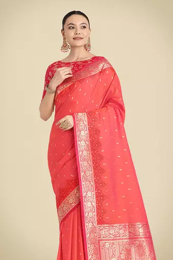 Coral pink Banarasi silk blend weaving saree