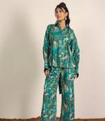 Green and multicolor cotton coastal print back tie shirt with pant co-ord set