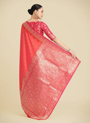 Coral pink Banarasi silk blend weaving saree 4