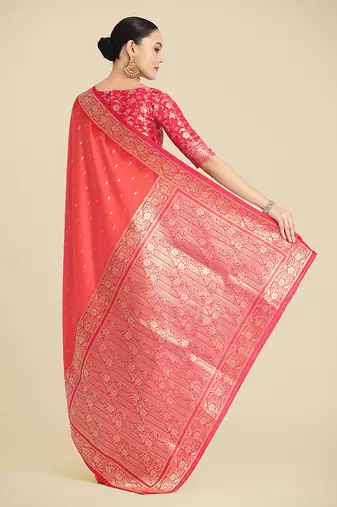Coral pink Banarasi silk blend weaving saree