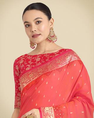 Coral pink Banarasi silk blend weaving saree 5