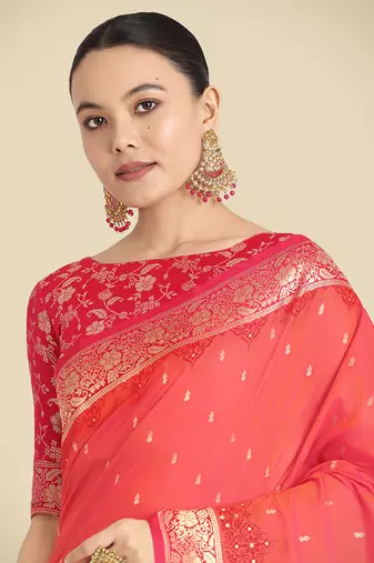 Coral pink Banarasi silk blend weaving saree