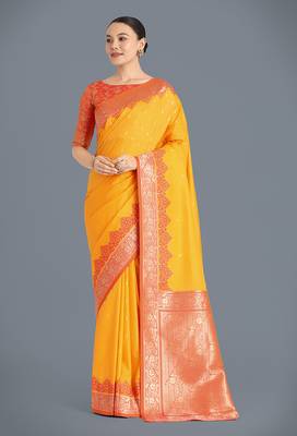 yellow Banarasi silk blend weaving saree 1