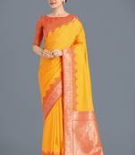yellow Banarasi silk blend weaving designer saree