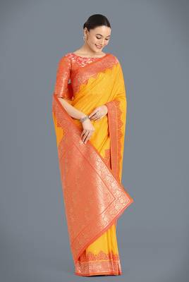 yellow Banarasi silk blend weaving saree 2