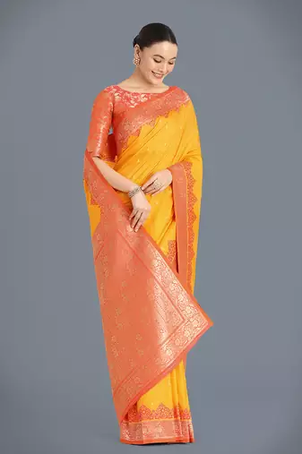 yellow Banarasi silk blend weaving saree