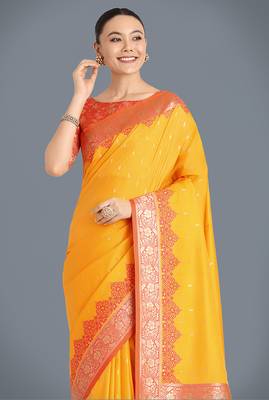 yellow Banarasi silk blend weaving saree 3