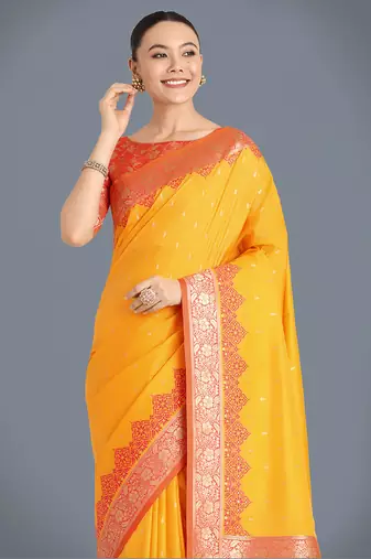 yellow Banarasi silk blend weaving saree