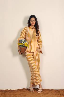 Yellow and white textile print & stripes work cotton co-ord set 1