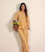 Yellow and white textile print & stripes work cotton co-ord set