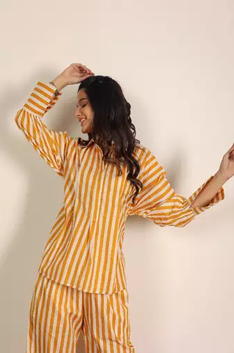 Yellow and white textile print & stripes work cotton co-ord set