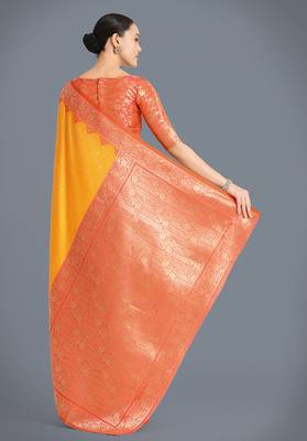 yellow Banarasi silk blend weaving saree 4