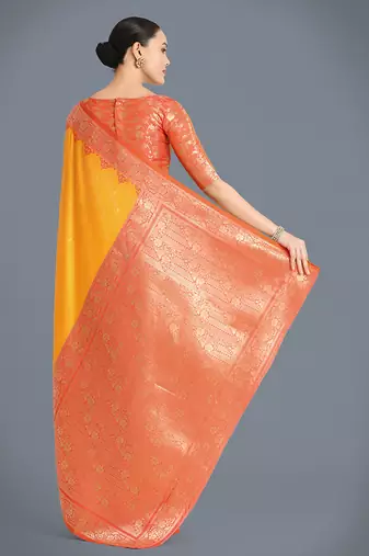 yellow Banarasi silk blend weaving saree