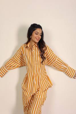 Yellow and white textile print & stripes work cotton co-ord set 4
