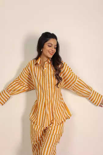 Yellow and white textile print & stripes work cotton co-ord set