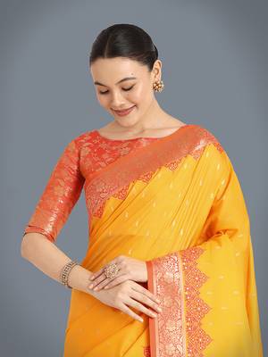 yellow Banarasi silk blend weaving saree 5