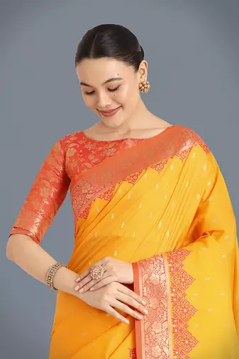 yellow Banarasi silk blend weaving saree