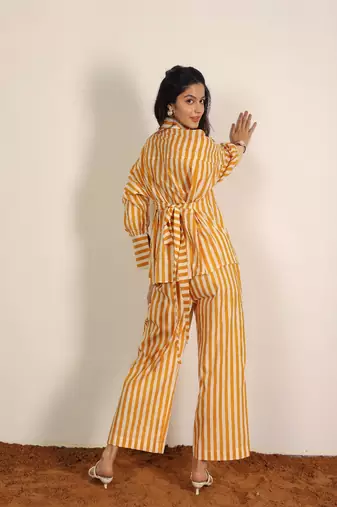 Yellow and white textile print & stripes work cotton co-ord set