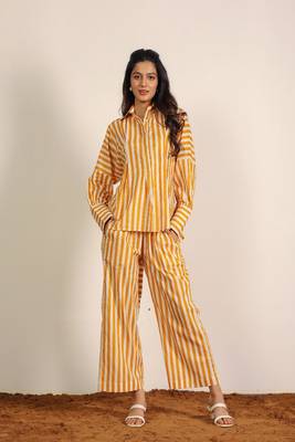Yellow and white textile print & stripes work cotton co-ord set 6