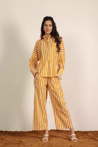 Yellow and white textile print & stripes work cotton co-ord set