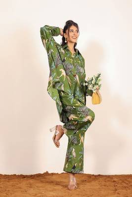 Green and multicolor jungle theme print cotton co-ord set 1
