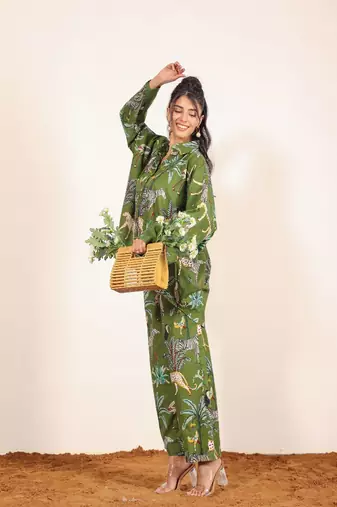 Green and multicolor jungle theme print cotton co-ord set