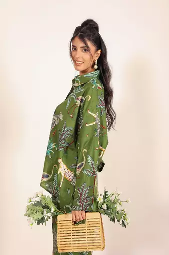 Green and multicolor jungle theme print cotton co-ord set