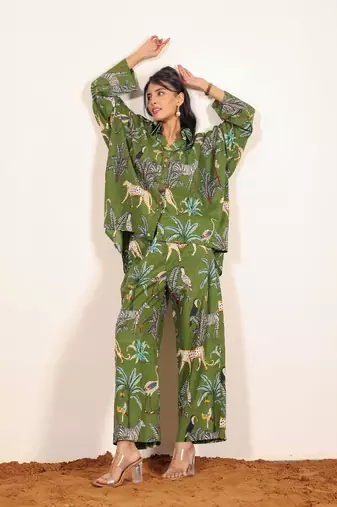 Green and multicolor jungle theme print cotton co-ord set