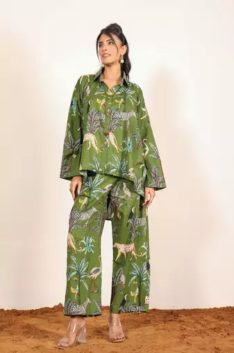 Green and multicolor jungle theme print cotton co-ord set